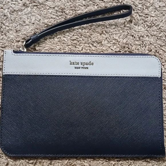 💙 Kate Spade New York Colorblock Saffiano Leather Wristlet Navy Light Blue - Picture 2 of 7